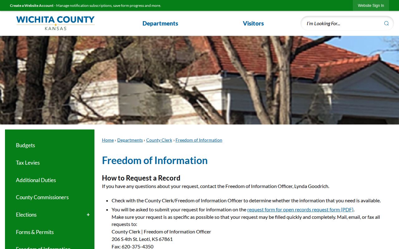 Wichita County booking record Freedom of Information request page